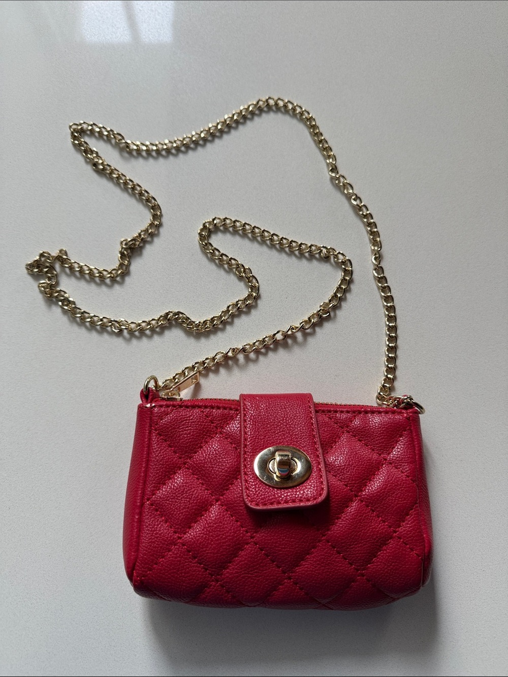 Forever 21 Quilted Red Shoulder Bag with Gold Chain, Zipper & Twist Lock